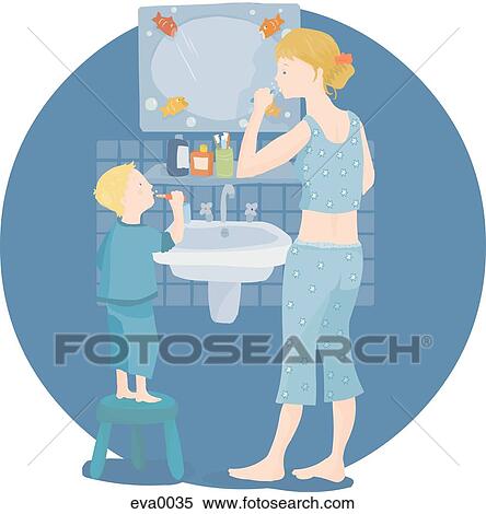 mother and son brushing teeth View Large Illustration Stock Illustration - mother and son brushing teeth. Fotosearch
