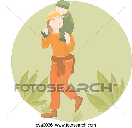 Stock Illustration - woman carrying her son on her shoulders. Fotosearch