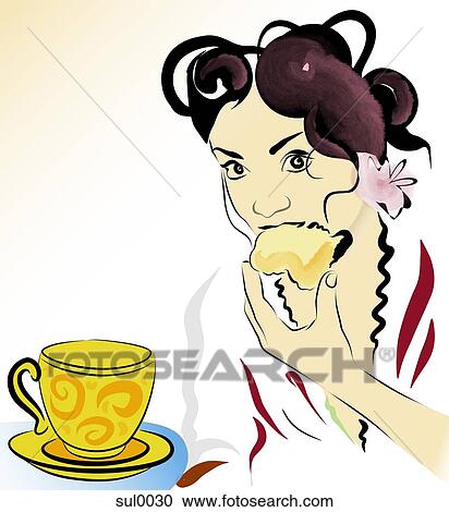 Clipart - woman eating a biscuit and having tea. Fotosearch