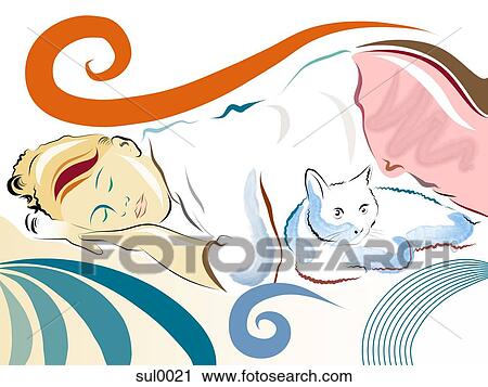 Clip Art - woman napping next to her cat. Fotosearch
