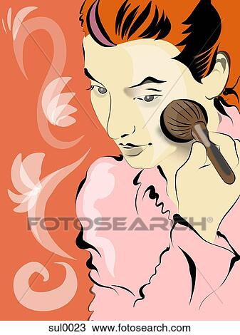 Drawing - woman putting on blush. Fotosearch