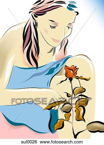 Stock Illustration - woman smelling rose. Fotosearch