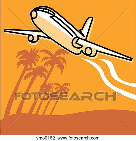 Airplane flying over palm trees View Large Illustration Drawing - Airplane flying over palm trees. Fotosearch