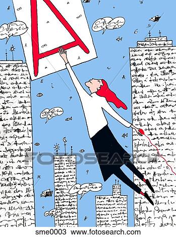 Drawing - A woman swinging from the letter A. Fotosearch
