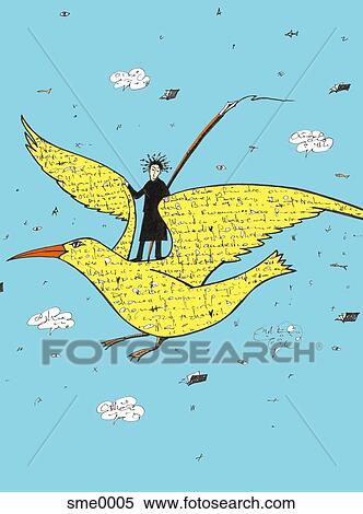 person flying on a bird made of words View Large Illustration Stock Illustration - person flying on a bird made of words. Fotosearch
