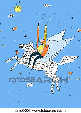 two authors riding a winged horse made of words View Large Illustration Stock Illustration - two authors riding a winged horse made of words. Fotosearch