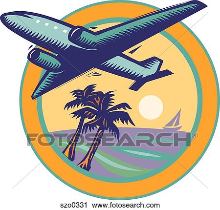 Airplane flying over palm trees View Large Illustration Clip Art - Airplane flying over palm trees. Fotosearch