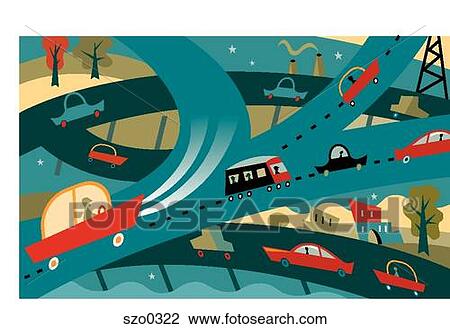 Drawing - Car travelling on highway overpass. Fotosearch