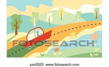 Car travelling on sunny highway View Large Illustration Drawing - Car travelling on sunny highway. Fotosearch