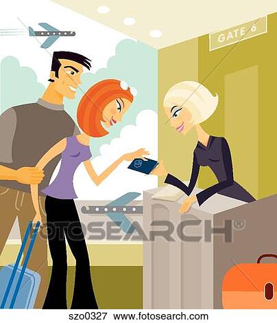 Couple showing passport at airport check-in View Large Illustration Stock Illustration - Couple showing passport at airport check-in. Fotosearch