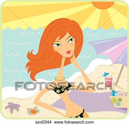 Stock Illustration - Girl at the beach. Fotosearch