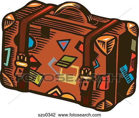 Suitcase covered in luggage labels View Large Illustration Drawing - Suitcase covered in luggage labels. Fotosearch