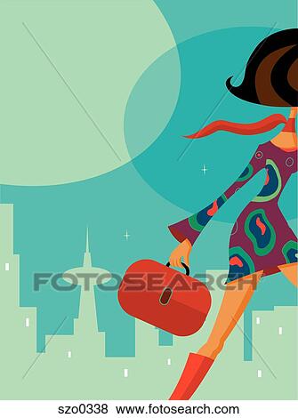 Stock Illustration - Woman walking through the city with a suitcase. Fotosearch
