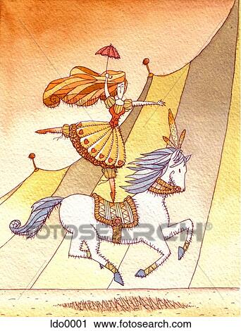Clip Art - woman riding a horse while standing on one leg. Fotosearch