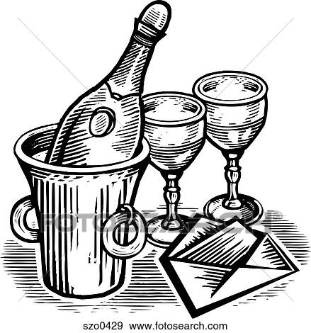 Stock Illustration - bottle of champagne and glasses b/w. Fotosearch