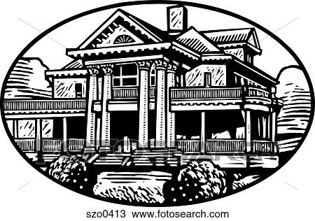 colonial mansion b/w View Large Illustration Drawing - colonial mansion b/w. Fotosearch