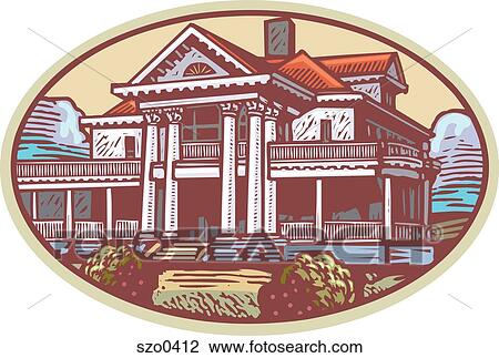 colonial mansion View Large Illustration Drawing - colonial mansion. Fotosearch