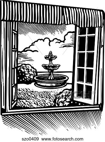 Stock Illustration - fountain outside of a window b/w. Fotosearch