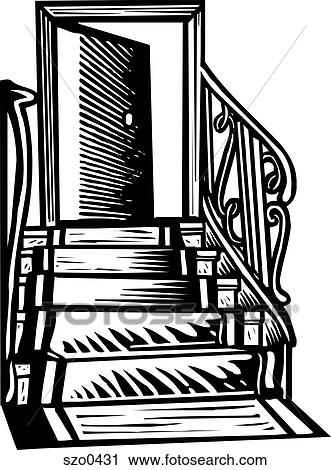 Clip Art - red carpet leading to an open door b&w. Fotosearch