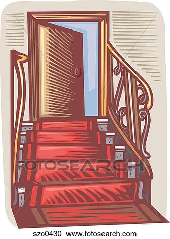 Clipart - red carpet leading to an open door. Fotosearch