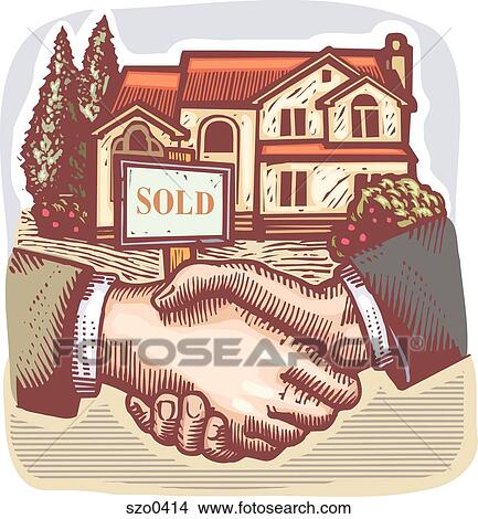Stock Illustration - shaking hands in front of a real estate sold sign. Fotosearch