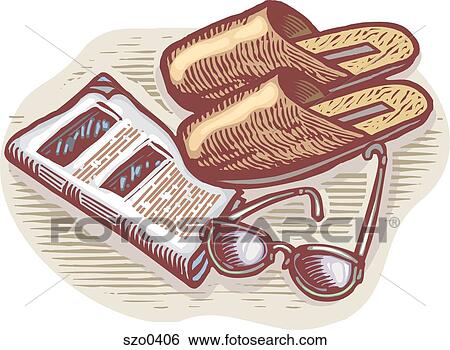 slippers, glasses, and newspaper View Large Illustration Stock Illustration - slippers, glasses, and newspaper. Fotosearch