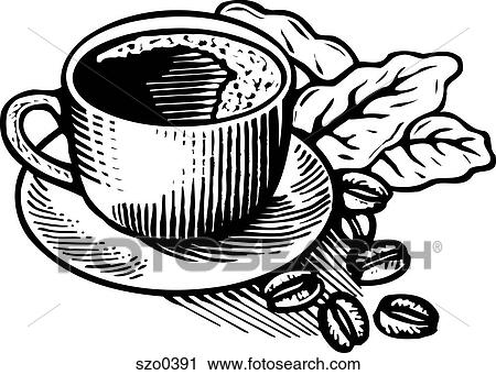 Clip Art - coffee cup and beans b/w. Fotosearch