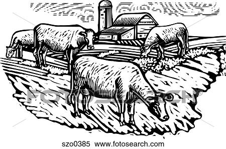 Stock Illustration - cow pasture b/w. Fotosearch