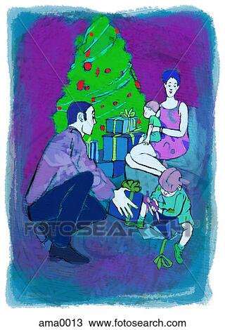 Drawing - family opening christmas presents. Fotosearch
