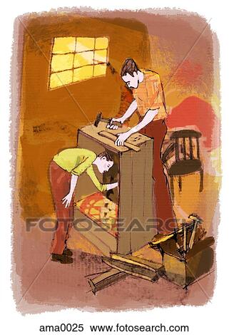 Stock Illustration - father and son building a piece of furniture. Fotosearch