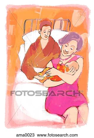 grandmother holding grandchild View Large Illustration Drawing - grandmother holding grandchild. Fotosearch