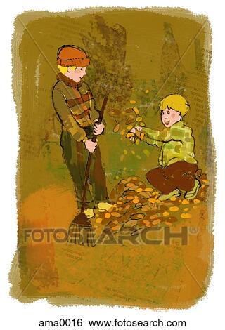 Stock Illustration - kids raking leaves. Fotosearch