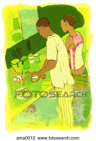 man and woman cooking in the kitchen View Large Illustration Drawing - man and woman cooking in the kitchen. Fotosearch