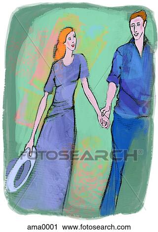 Clip Art - man and woman walking hand in hand. Fotosearch