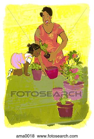 Stock Illustration - mother in the garden with her child. Fotosearch