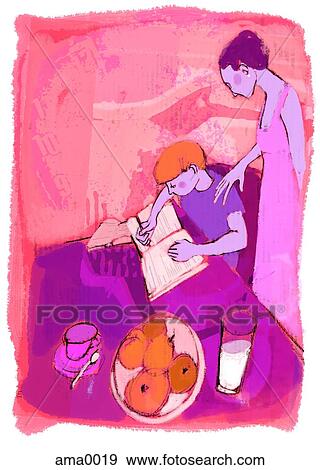 Stock Illustration - mother watching over her son as he does his homework. Fotosearch