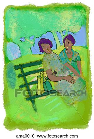 Clipart - two women sitting on a park bench. Fotosearch