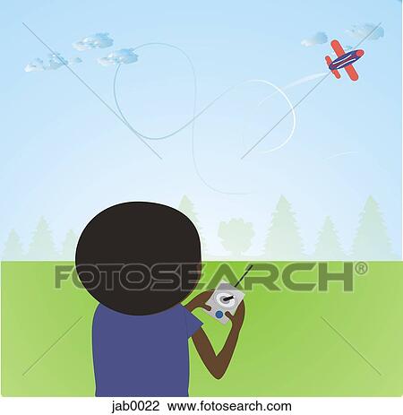 Drawing - boy flying a toy airplane. Fotosearch