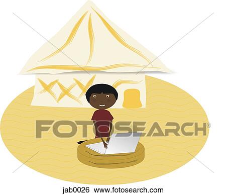 Stock Illustration - child using laptop infront of hut. Fotosearch