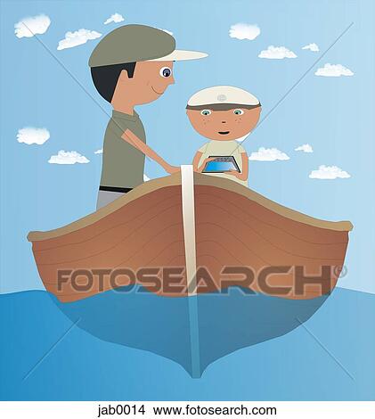 Stock Illustration - father and son using gps on boat. Fotosearch