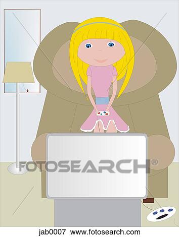 Stock Illustration - little girl playing video games. Fotosearch