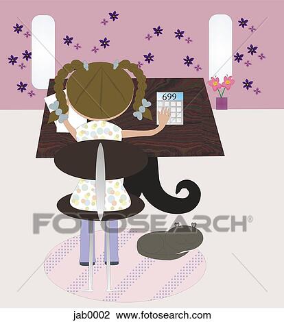 Drawing - little girl using calculator. Fotosearch