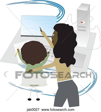 Stock Illustration - mother helping his son out on the computer. Fotosearch