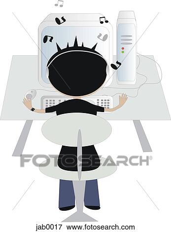 Stock Illustration - teenager listening to music on his computer. Fotosearch