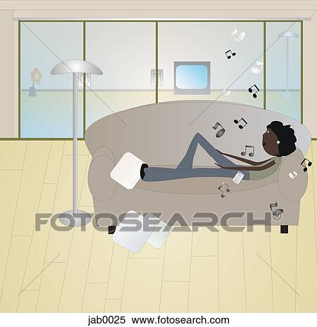 Stock Illustration - teenager lying on the couch listening to music. Fotosearch