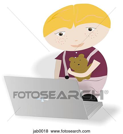 Stock Illustration - toddler using a laptop. Fotosearch