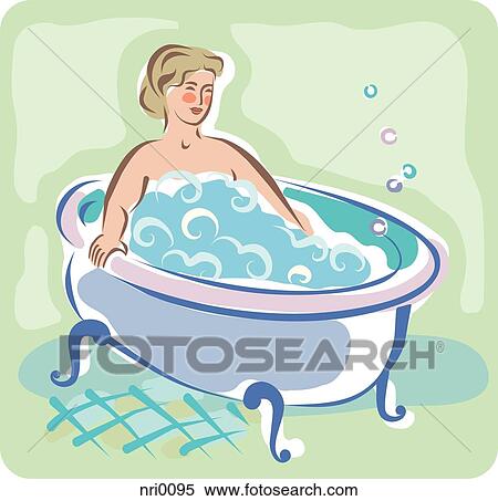 A 女 ずぶ濡れである 中に A 泡 浴室 イラスト Nri0095 Fotosearch