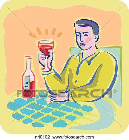 Drawing - A man enjoying a glass of red wine. Fotosearch