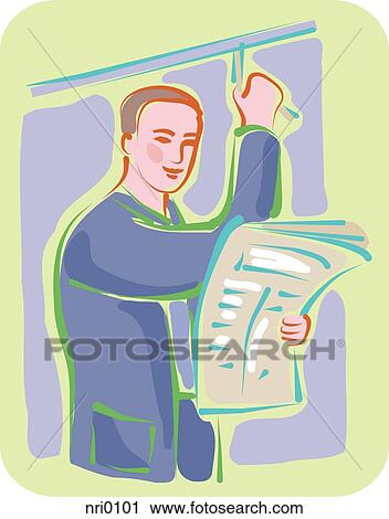 A man reading the newspaper on the bus View Large Illustration Clip Art - A man reading the newspaper on the bus. Fotosearch