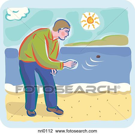 Drawing - A man skipping stones on a beach. Fotosearch